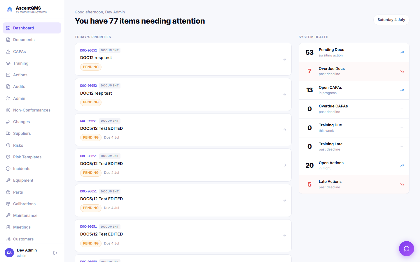 AscentQMS dashboard